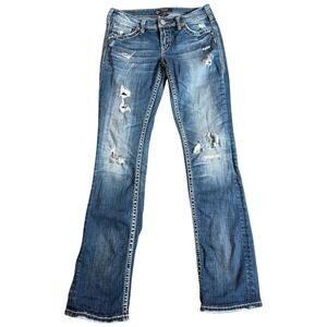 SILVER Jeans AIKO Baby Boot 27x35 Darker Blue Distressed Med Wash Metal Rock Y2K